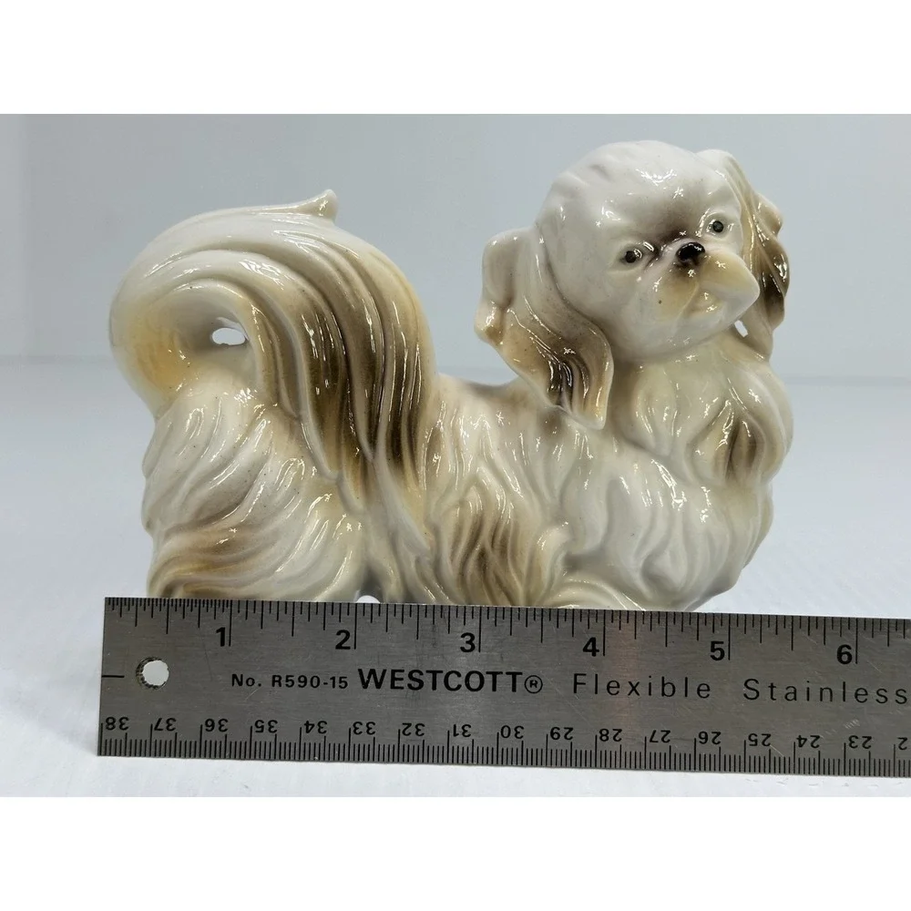 Vintage Dog Figurine Ceramic Porcelain White Tan Long Hair Toy Breed 6